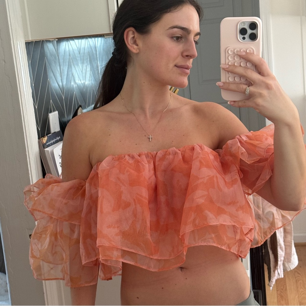 Show Me Your MuMu Coral and Pink Off-Shoulder Crop Top